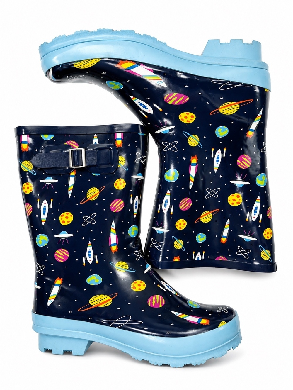 Kids Navy Blue Space Galaxy Rockets Rubber Rain Boots Size 8